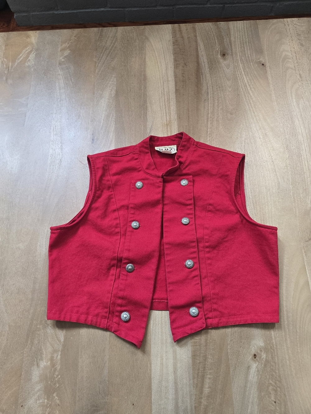 VTG Noah's Flood Red Denim Vest Concho Buttons Western Cowgirl Made in USA L"